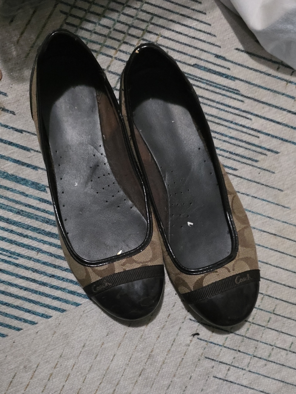 Coach Tan Signature Canvas Ballet Flats with Black Patent Toe
